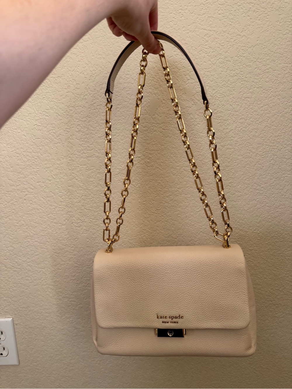 kate spade Cream Pebbled Leather Chain Shoulder Bag with Gold Hardware